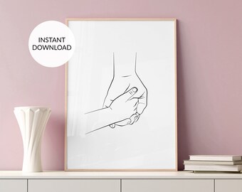 Lámina artística de una madre y su bebé tomados de la mano: Decoración minimalista para habitación infantil (descarga digital)