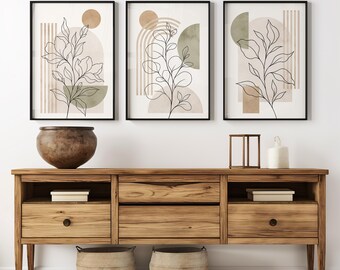 Botanical Wall Art Set of 3, Beige Green Line Art Prints, Neutral Abstract Botanical Decor, Minimalist Boho Bedroom, Digital Download