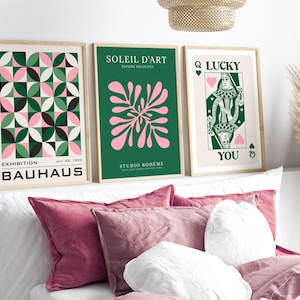 Lot de 3 impressions d'art mural, Bauhaus et art abstrait, art mural coloré rose vert, affiches imprimables tendance, décoration d'intérieur en téléchargement numérique