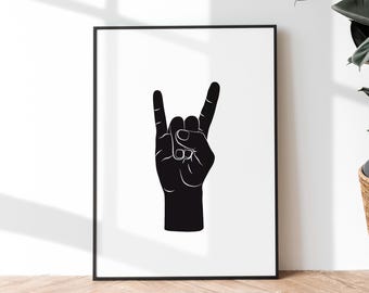 Impresión artística de línea "Rock On Hand": Decoración minimalista de pared de rock and roll (descarga digital)
