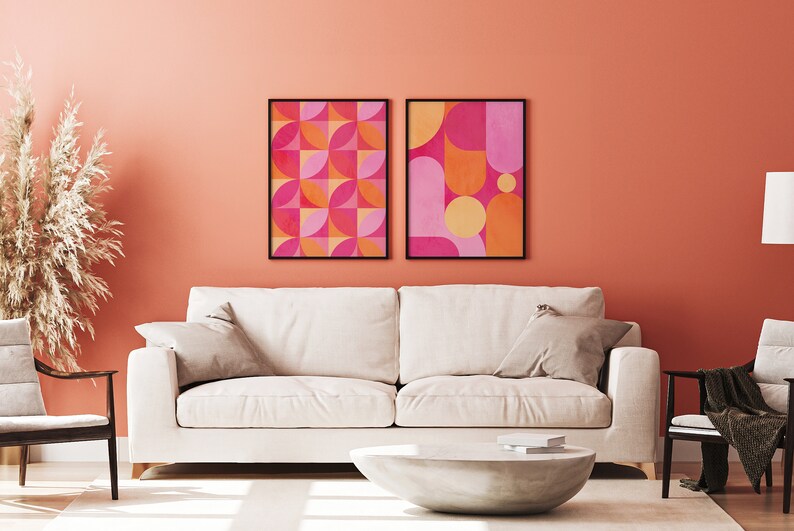 Set of 2. Pink and Orange Wall Art Set. Mid Century Modern. Etsy