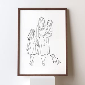 Stampa artistica con motivo madre, figlia e figlio: decorazione murale con cane di famiglia (download digitale)