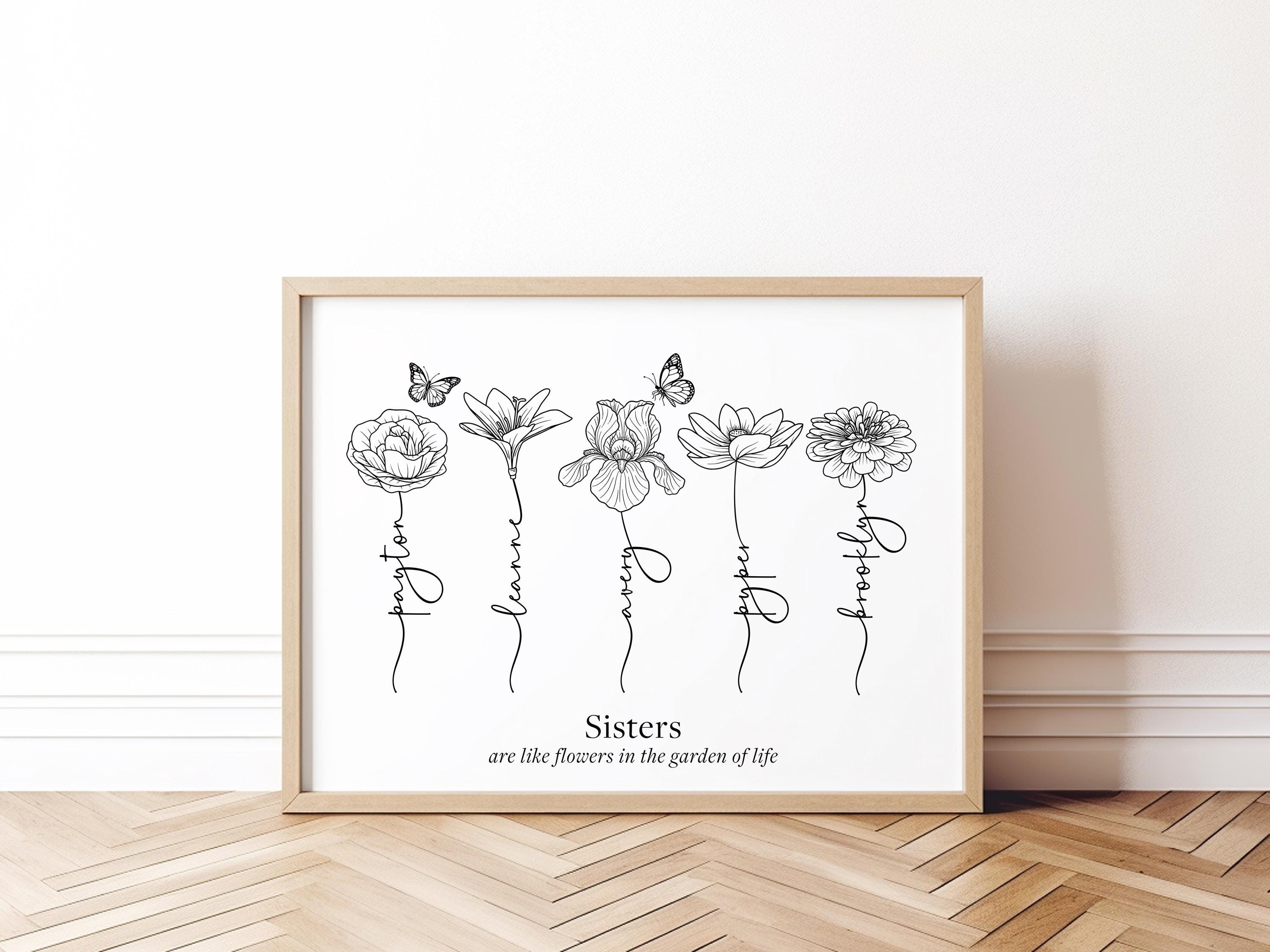 Custom Sisters Flower Line Art Print With Names, Personalized Floral ...