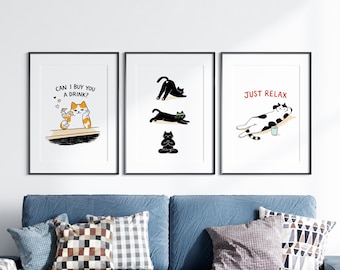 Funny Cat Prints, Set of 3, Modern Gallery Wall Art (Digital Download)