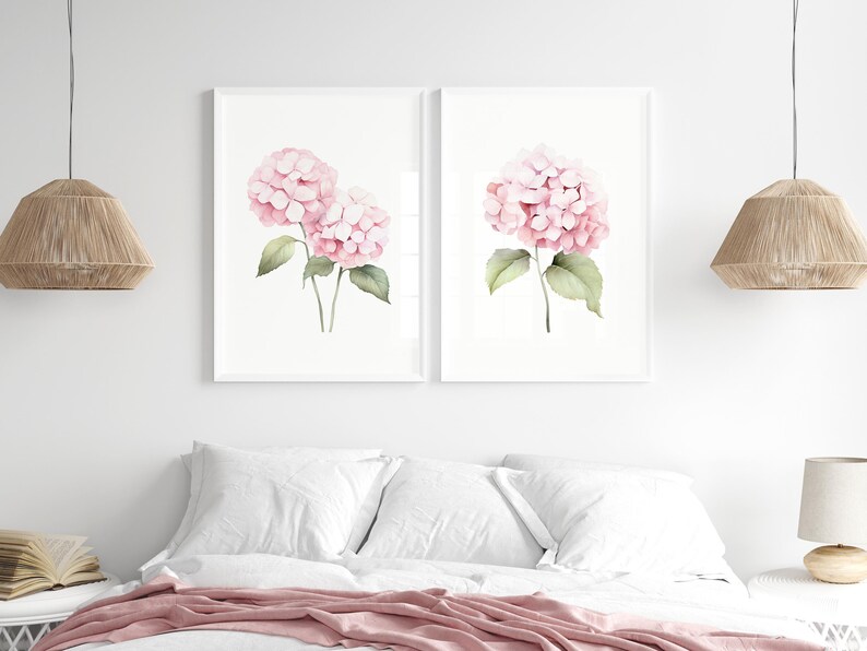 Watercolor Pastel Pink Hydrangea Set of 2 Prints, Botanical Flowers ...