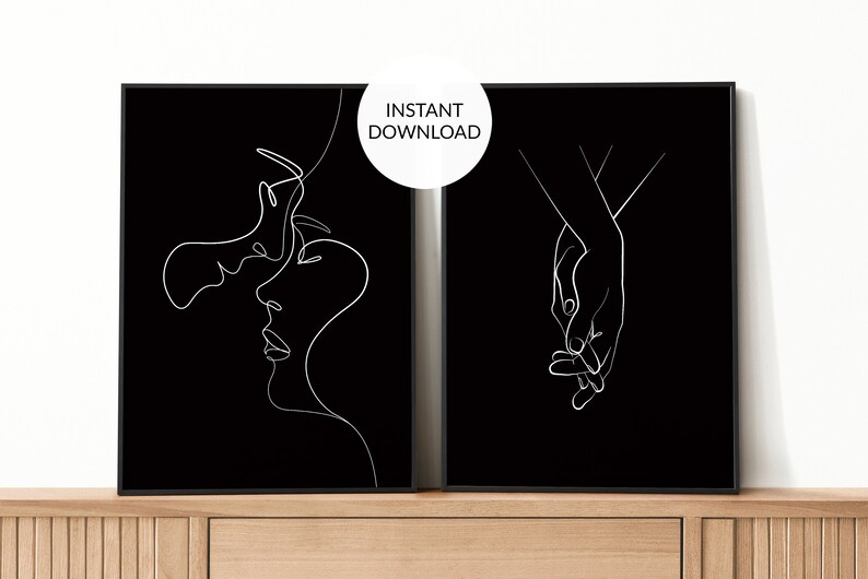 Set of 2 Black Couple Wall Art. Line Drawing Print. Romantic Etsy