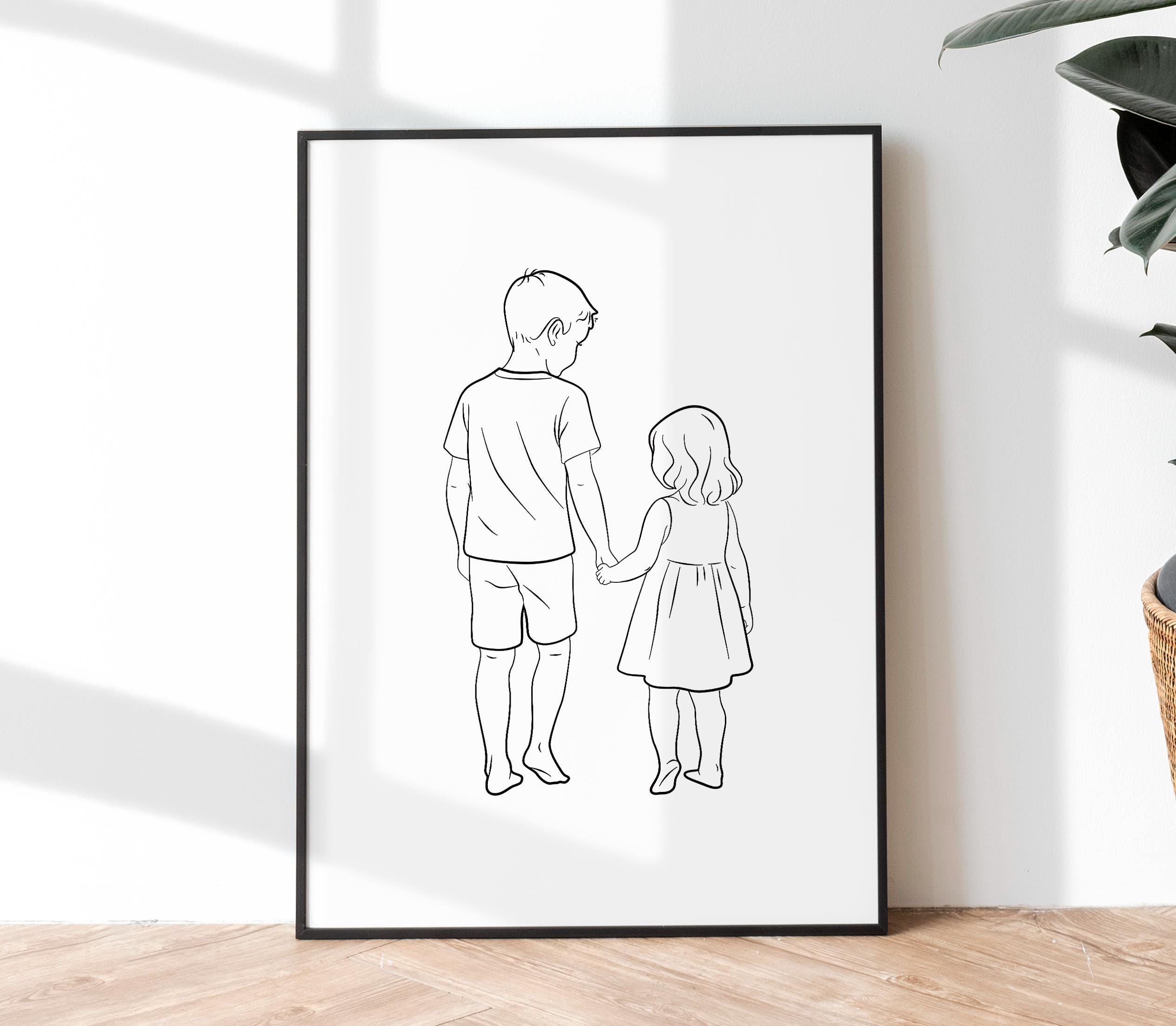 Brother and Sister Family Line Art Print: Minimalist Siblings Drawing ...