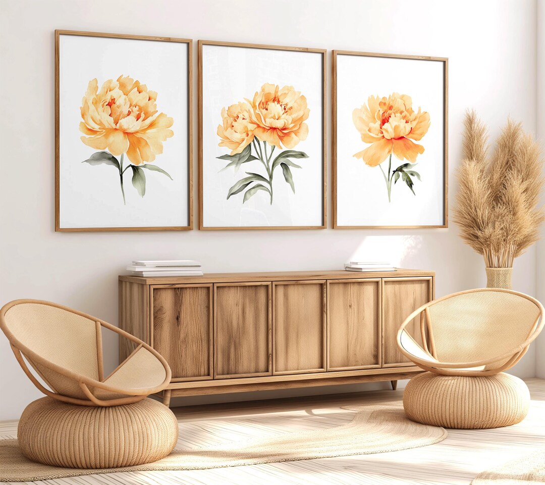 Watercolor Orange Peonies Flower Set of 3 Art Prints, Autumn Floral ...