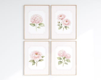 Pink Hydrangea Peony Prints, Striped Watercolor Floral Wall Art, Grandmillennial Decor, Preppy Bedroom Artwork, Set of 4, Digital Download