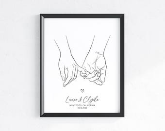 May include: Black and white line art print of two hands holding each other's pinky fingers. The print includes the text "Louise & Clyde", "Montecito, California", and "28.12.2023".