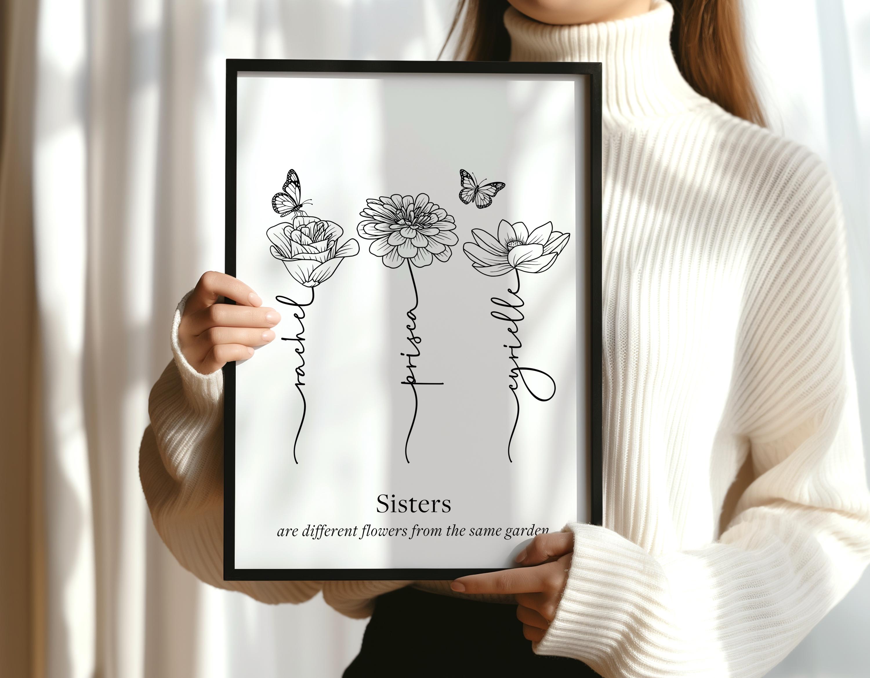 Custom Sisters Flower Line Art Print With Names, Personalized Floral ...