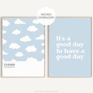 Set of 2, Blue Clouds print. Pastel blue art. Sky blue poster. Preppy wall decor. Popular printable. Blue nursery decor. Dorm room decor