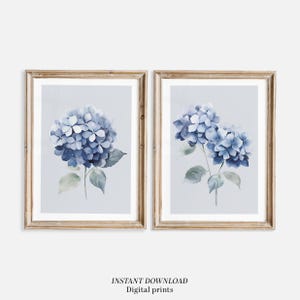 Blue Hydrangeas Wall Art Set of 2, Botanical Flower Watercolor Prints ...