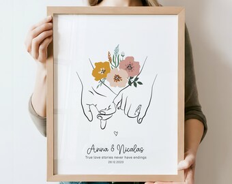 Personalized Holding Hands Line Art Print, Custom Couple Names (Digital Download)