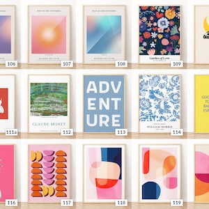 May include: A selection of framed art prints. The prints showcase diverse designs, including abstract forms, floral motifs, motivational quotes, and reproductions of famous artworks. The colour schemes vary from bright to soft hues, ideal for home decoration.