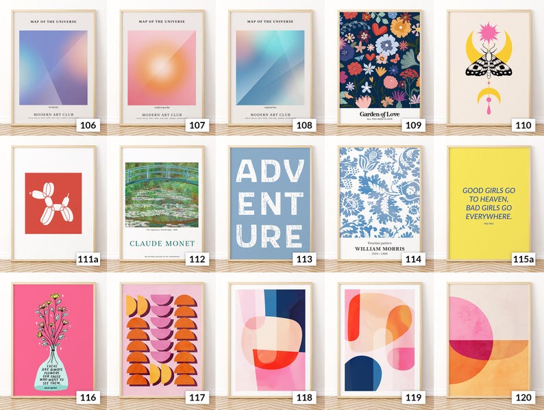 May include: A selection of framed art prints. The prints showcase diverse designs, including abstract forms, floral motifs, motivational quotes, and reproductions of famous artworks. The colour schemes vary from bright to soft hues, ideal for home decoration.