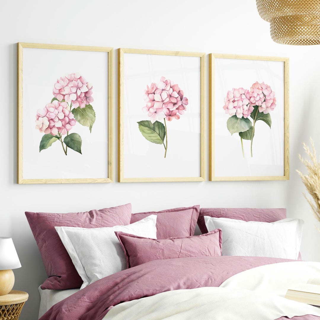 Pink Flowers Wall Art Watercolor Hydrangeas Set of 3 Prints Botanical ...