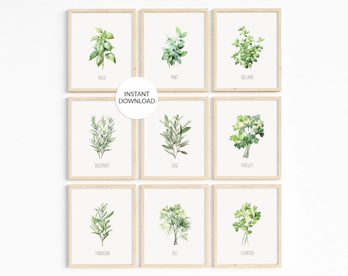 Herbs Set of 3 Printable Watercolor Painting Kitchen Decor Herb Prints ...