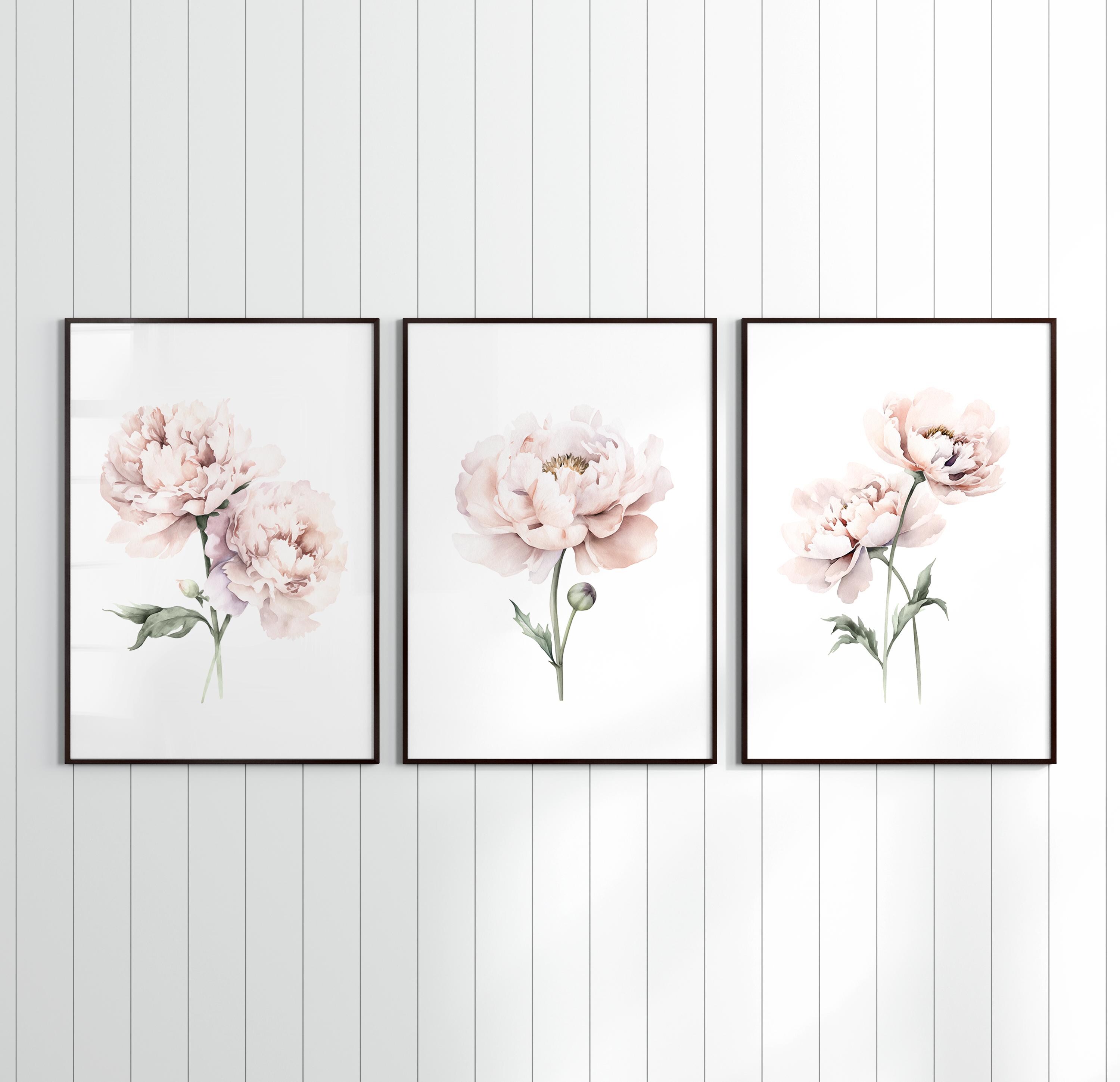 Watercolor Blush Pink Peonies Set of 3 Prints, Floral Poster Set Peach ...