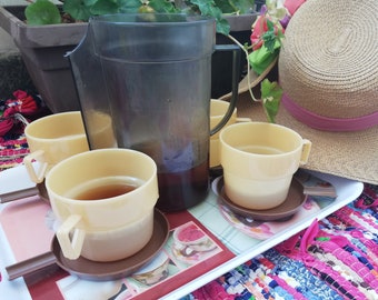 Vintage set with cups and a picnic jug + 4 Plates. Vintage camping kit. Coffee Cups, Travel Kit, Beach Tumbler. Tourist Set. Ancient picnic.