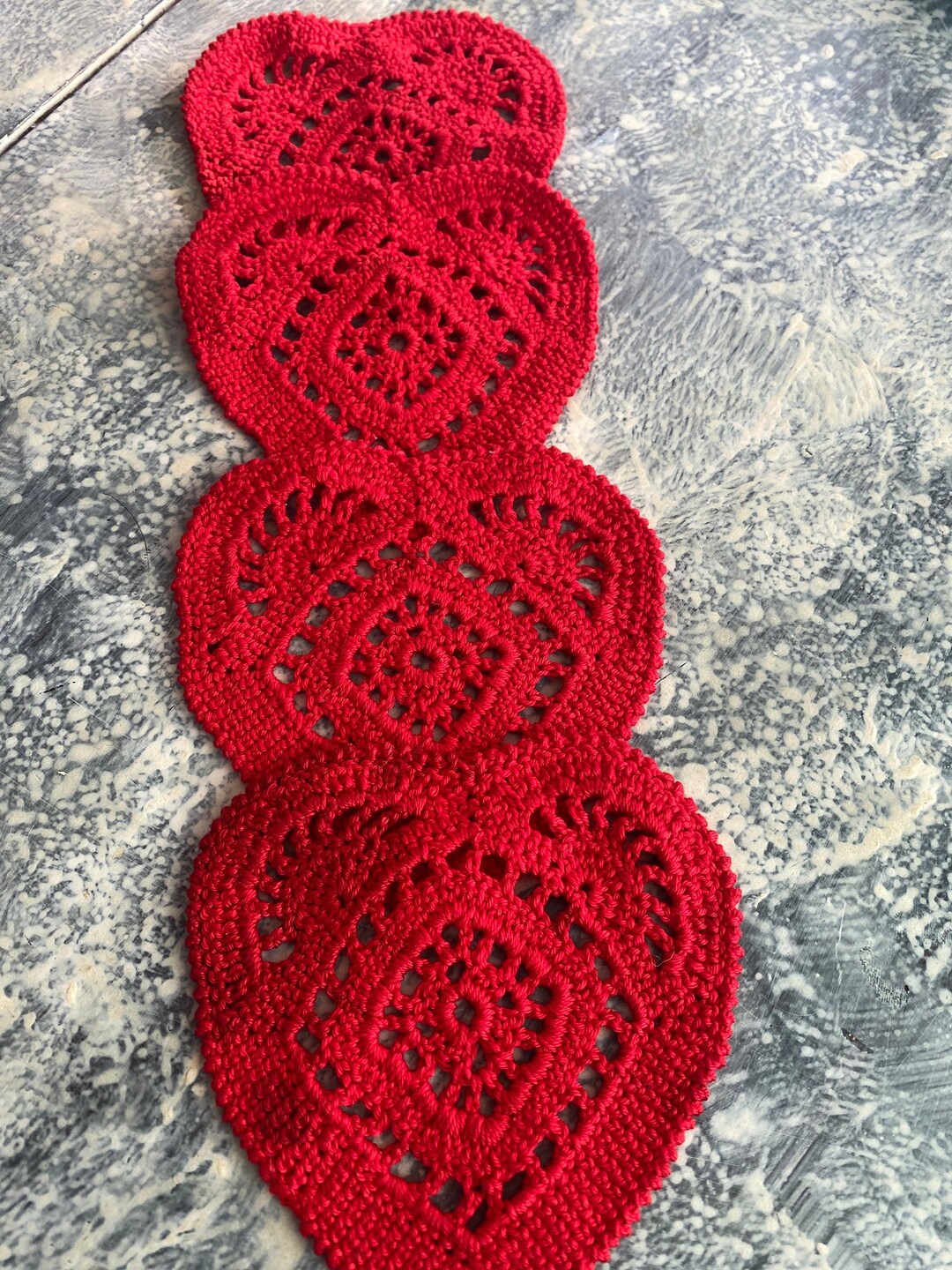 Set of 4 Heart Lace Doily Placemats. Red Hand Crochet Table Mat. Lace