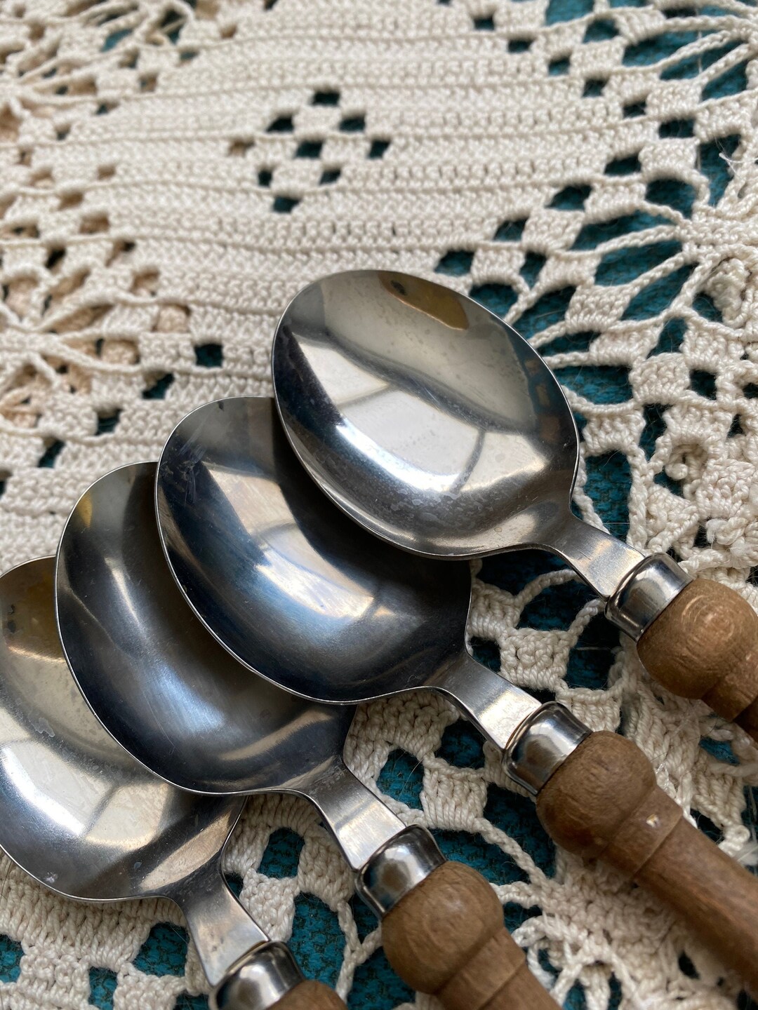 4 Stainless Spoons With Wooden Handle , Vintage Kitchen Accessories