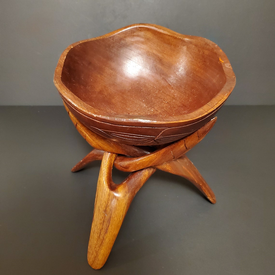 Vintage Hand Made Carved Wooden Bowl with Tripod Stand Etsy
