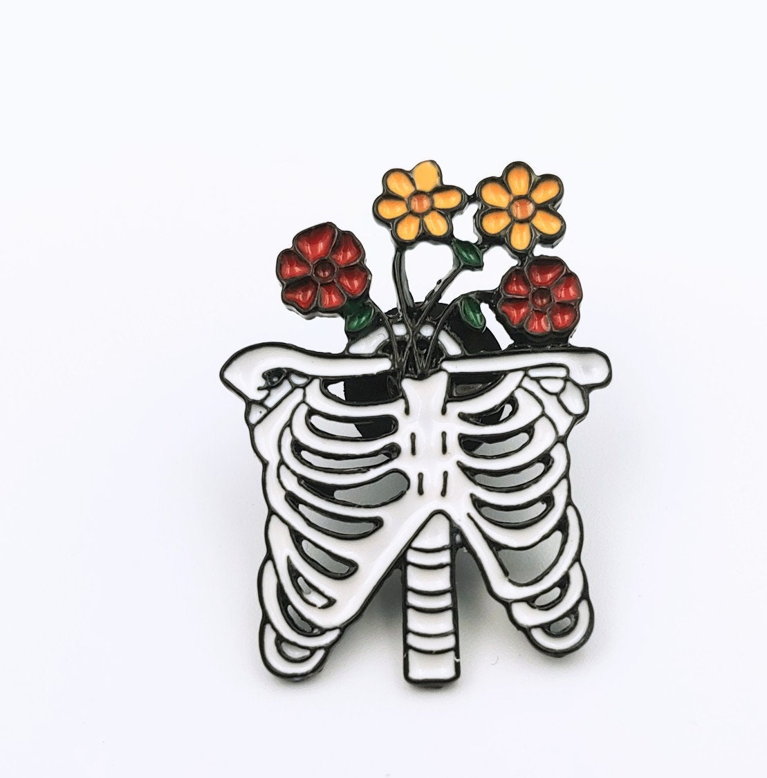 Rib Cage and Flowers Pin/Anatomy/Goth/Halloween / Skeleton /Ribs Enamel Pin, /Ideal Gift, Enamel Pin Badge, Skeleton Pin/Bone day ofthe dead