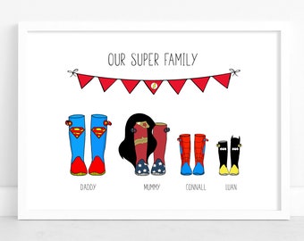 Personalised Welly Family Print | Superhero print | Family Gift |  Welly Family