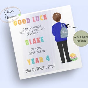 Primer día del año 4 / Tarjeta escolar personalizada / 1er día del año cuatro / Tarjeta de buena suerte en la escuela / Hijo / Nieto / Bisnieto / Sobrino
