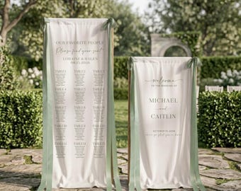 Cartelli di benvenuto in tessuto per matrimoni - Cartello di benvenuto e tableau de mariage in lino - Cartello di benvenuto personalizzato in lino - Tableau de mariage in tessuto con supporto e nastro