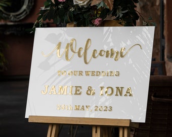 White Acrylic Wedding Sign With 3D Mirror Gold Names,  Ceremony Welcome Sign, Wedding Welcome Sign, Engagement sign, Modern wedding sign