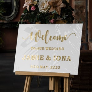 White Acrylic Wedding Sign With 3D Mirror Gold Names,  Ceremony Welcome Sign, Wedding Welcome Sign, Engagement sign, Modern wedding sign