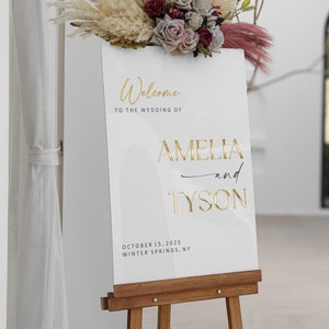 Placa de casamento acrílica com nomes dourados de espelho 3D, placa de boas-vindas para cerimônia, placa de boas-vindas para casamento, placa de noivado, placa de casamento moderna