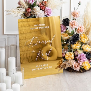 Sinal de boas-vindas acrílico espelho dourado - Sinalização de casamento com espelho dourado - Sinal de casamento personalizado - Decoração de recepção de casamento - Sinal de boas-vindas da cerimônia