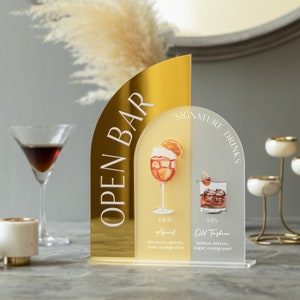 Signature Cocktails Sign, Signature Drinks Sign, Gold Mirror Frosted Acrylic Bar Sign, Open Bar Wedding Sign, His and Hers Drinks Sign