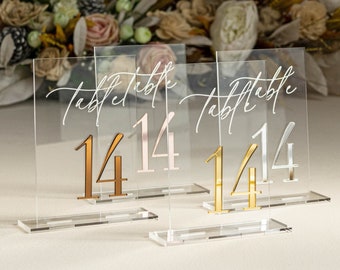 Clear and Mirror Gold Acrylic Signs - Gold Wedding Table Signs - Wedding Table Decor, Gold signage, Mirror silver signs, Rose gold numbers