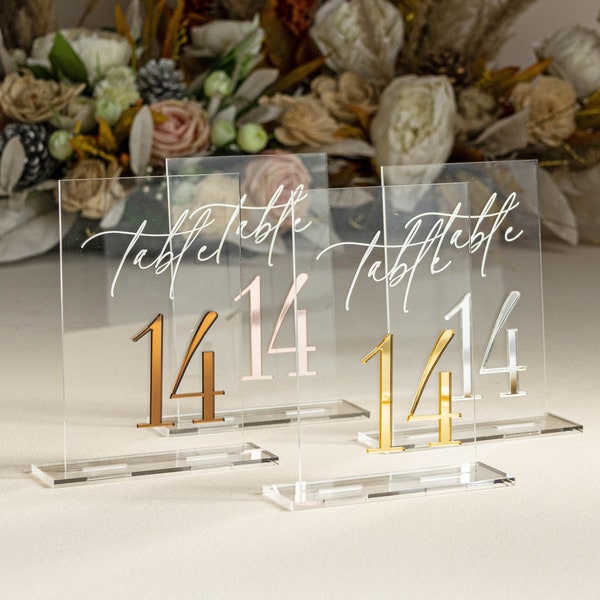 Clear and Mirror Gold Acrylic Signs - Gold Wedding Table Signs - Wedding Table Decor, Gold signage, Mirror silver signs, Rose gold numbers