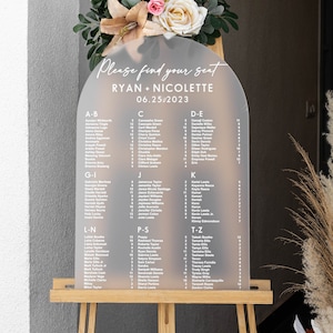 Tabella dei posti a sedere per matrimoni in acrilico smerigliato, cartelli per matrimoni ad arco, cartello per posti a sedere per matrimoni, cartello per matrimoni in acrilico, cartelli per matrimoni personalizzati