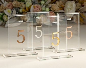 Clear and Mirror Gold Acrylic Signs - Gold Wedding Table Signs - Wedding Table Decor, Gold signage, Mirror silver signs, Rose gold numbers