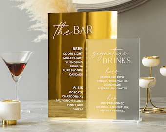 Insegna per bevande esclusive, menù per cocktail nuziali, insegna per bar nuziali, insegna per bar in acrilico satinato con specchio dorato, insegna per bevande per lui e per lei