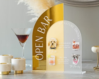Cartello per bevande firmate per cani, menu di bevande per matrimoni, decorazione di nozze, drink per animali domestici, cocktail firmato per cani, cartello per bar per matrimoni
