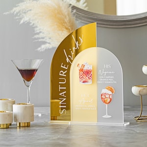 Tabliczka na drinki weselne, tabliczka na bar weselny, koktajle weselne dla niej i dla niego, tabliczka na menu baru Gold Mirror, menu drinków sygnowanych -