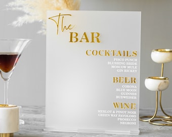 Frosted Acrylic Wedding Bar Sign, Wedding Signage, Wedding Bar Menu, Custom Bar Sign, Signature Drinks Sign, Gold Mirror Wedding Bar Sign