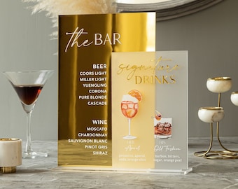 Signature Drinks Sign, Wedding Cocktails Menu, Wedding Bar Sign, Gold Mirror Frosted Acrylic Bar Sign, His and Hers Drinks Sign