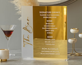 Insegna per bevande esclusive, menù per cocktail nuziali, insegna per bar nuziali, insegna per bar in acrilico satinato con specchio dorato, insegna per bevande esclusive, menù per cocktail