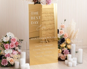 Signo de bienvenida de boda de acrílico dorado - Signo de horario de boda - Señalización de recepción - Signo de boda personalizado - Signo de orden del día