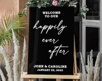 Happily ever after Welcome Sign, Black Acrylic Sign, modern wedding decor, Black Acrylic Wedding Welcome Sign, Shiny Black Acrylic sign