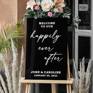 Happily ever after Welcome Sign, Black Acrylic Sign, modern wedding decor, Black Acrylic Wedding Welcome Sign, Shiny Black Acrylic sign