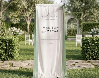 Letrero de bienvenida de lino para bodas - Letrero de tela para bodas con cintas y soporte - Letrero de bienvenida de lino personalizado - Letrero de tela para bodas